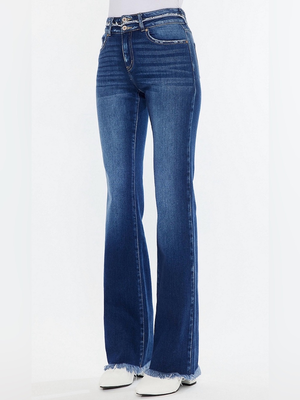 KanCan High Rise Flare Jeans Size 31 Medium Wash Frayed Hem Bohemian Festival